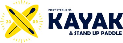 Logo with crossed paddles and 'Port Stephens Kayak & Stand Up Paddle' text.